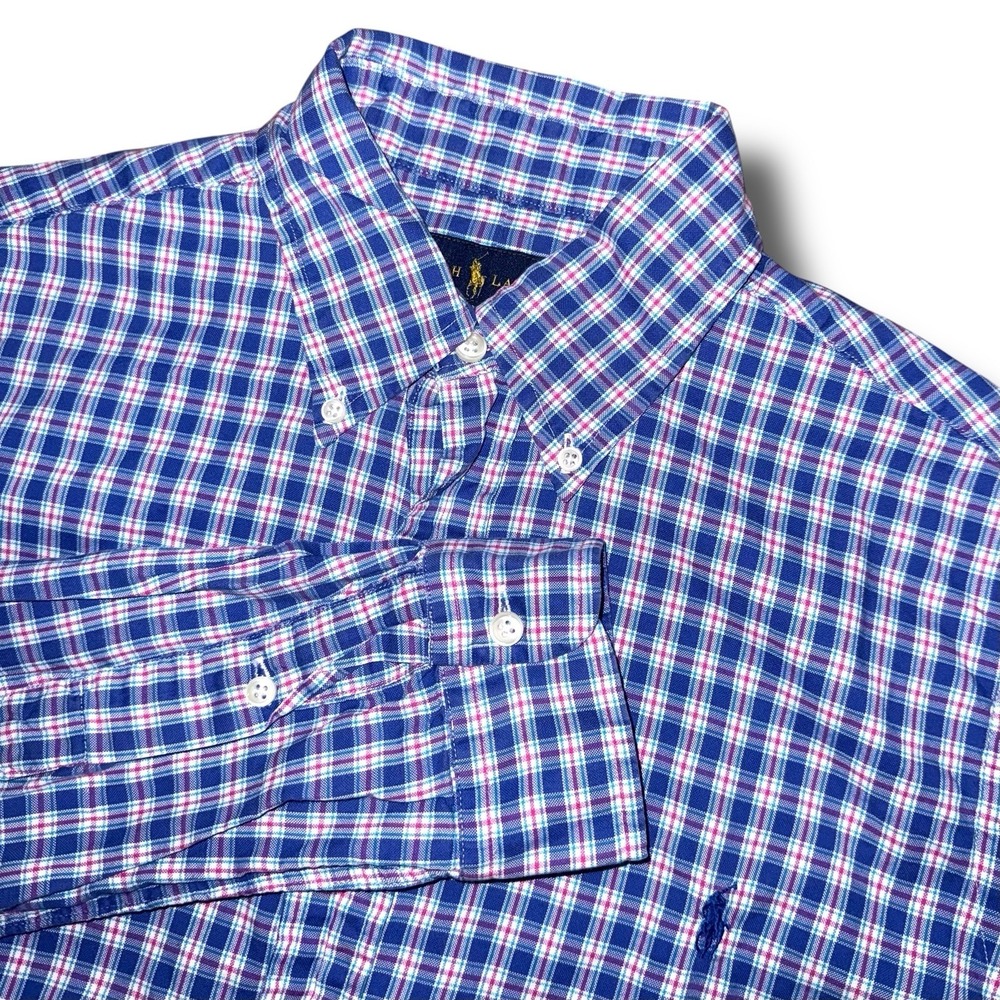 RALPH LAUREN Button Down Shirt Men Medium Madras Plaid Long Sleeve‎ Lightweight